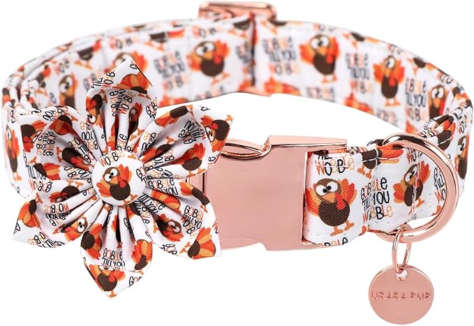 Thanksgiving Dog Collar with Flower, Turkey Cotton Flower Collar for Puppy Girl Dog or Cat, Autumn Flower Collar with Durable Metal Buckle, Thanksgiving Pet Collar, L, Neck 16-24in