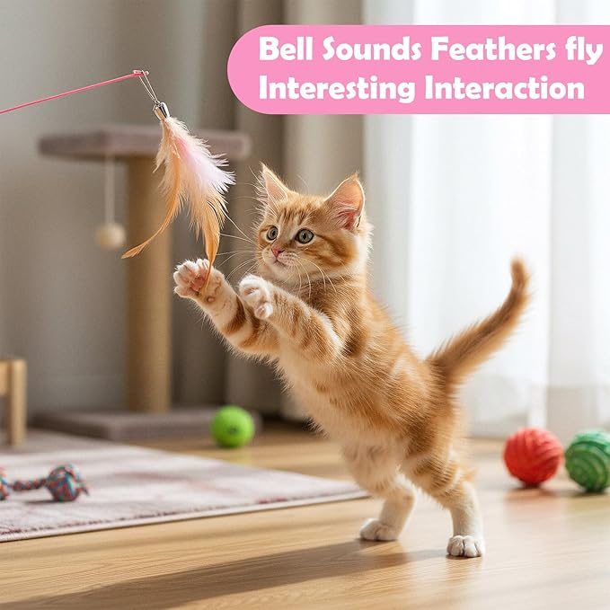 4 Pcs Cat Feather Toys, Cat Toys Wand with Bell Beads Teaser Wire Wand for Cats Chase Exercise Play