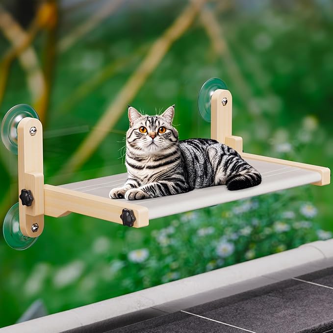 Foldable Cat Window Bed, Solidwood Cat Window Perch with Suction Cups, Heavy Duty Cordless Hammock Seat for Indoor Cats (Large Size)