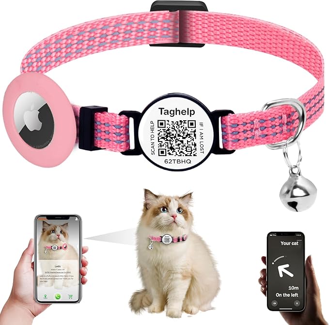 Reflective Kitten Collar Breakaway Apple Air Tag Cat Collar, GPS Cat Collar with AirTag Holder and Bell, Lightweight Tracker Collars for Girl Boy Cats Puppies (Pink)