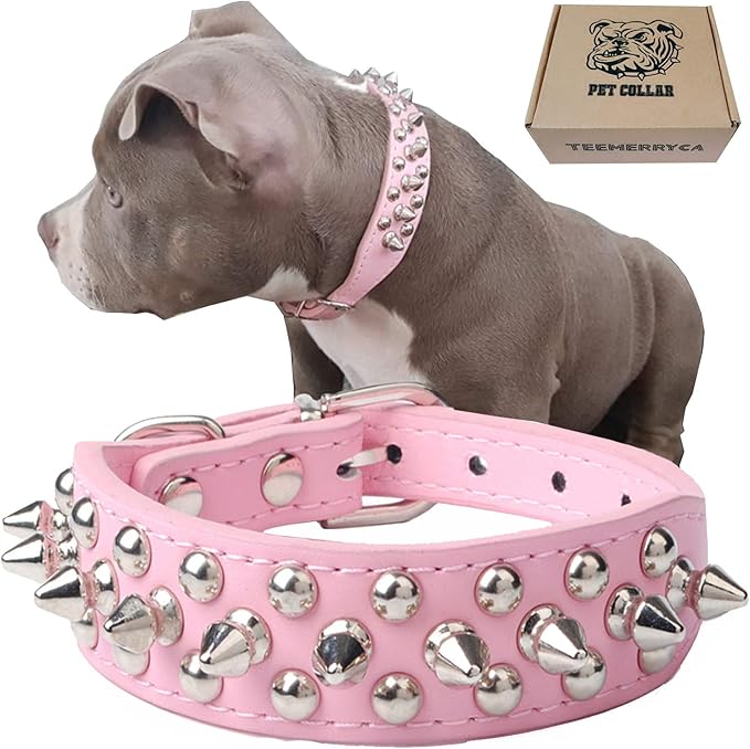 TEEMERRYCA Adjustable Leather Spiked Studded Dog Collars with a Squeak Ball Gift for Small Medium Large Pets Like Cats/Pit Bull/Bulldog/Pugs/Husky, Pink, XL 17.7-20.5 inches