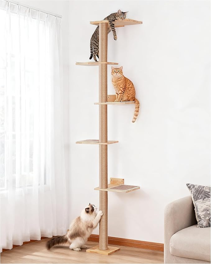 80inch Tall Cat Tree Wall Mount, 15.8in Top Perch Bed for Large Adult Cats, Adjustable Cat Tower Floor to Ceiling for Scratch, Climb, and Lookout