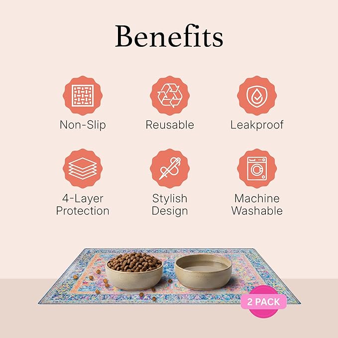 LOVEWAG Waterproof 2-Pack Pet Feeding Mats - 16" x 24" Premium Cat & Dog Food Mat - Non-Slip, Machine Washable Food Mat Protects Floors & Contains Water Bowl Spills - Place Mats (Rustic Terracotta)