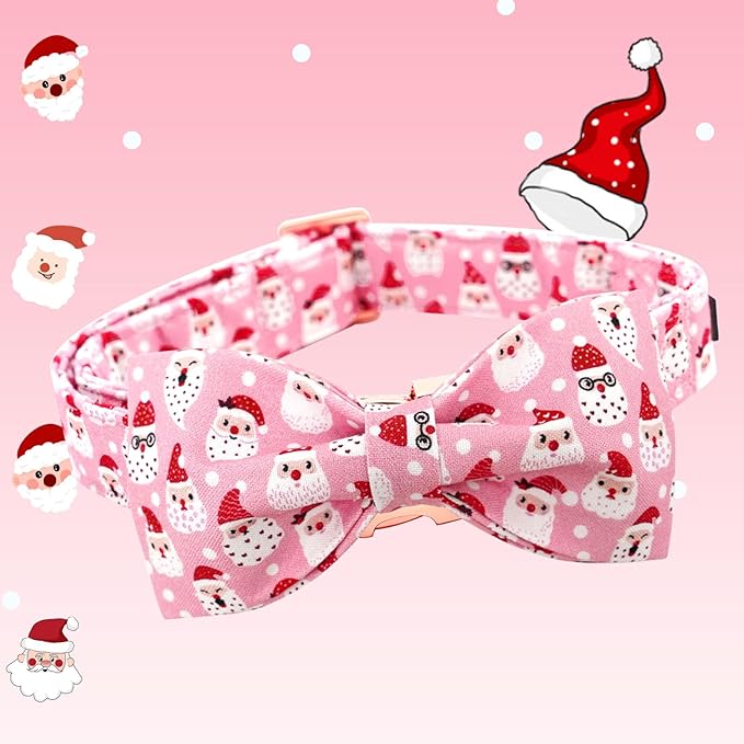 Dog Collar, Christmas Pink Santa Claus Cotton Pet Collar Bow Holiday Girl Boy Cute Puppy Collar Adjustable Pet Collar for Small Dogs