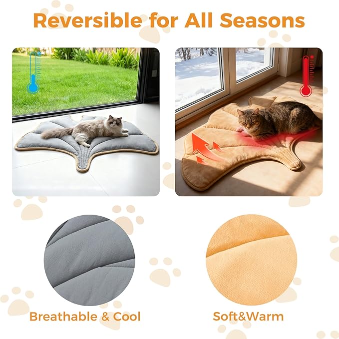 KOOLTAIL Self Warming Cat Bed Mat for Indoor Cats Dogs, Reversible Cozy Pet Heated Pad Blanket with Thermal Foil, Thicken Cat Window Perch, Puppy Kitten House for Crate Desk Floor Outdoor, Gingko Leaf