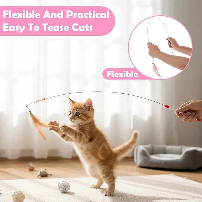 4 Pcs Cat Feather Toys, Cat Toys Wand with Bell Beads Teaser Wire Wand for Cats Chase Exercise Play