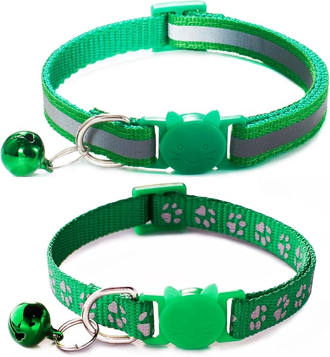 Green Cat Collars with Bells, [2 Pack] Break Away Cat Collar with Bells, Reflective Kitten Collar Breakaway for Boy Pet Cats Kitty