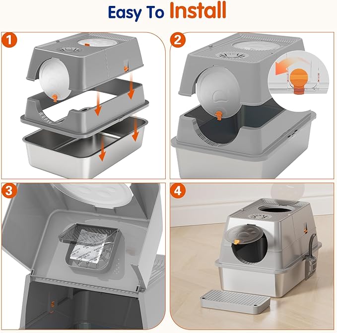 Stainless Steel Litter Box with Lid, XL Extra Large Cat Litter Box Enclosure, Front & Top Entry Covered Metal Cat Box with Steps & Scoop, Easy Cleaning