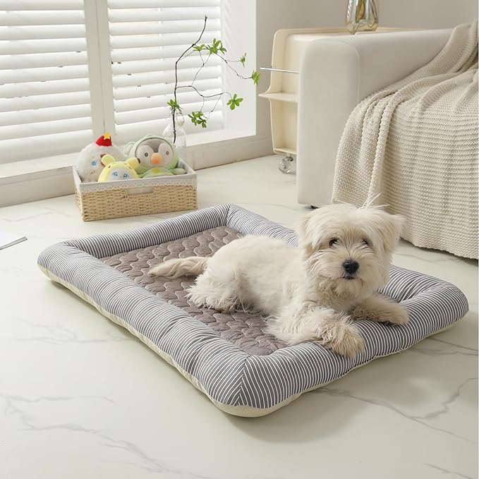 Cooling Dog Bed, Pet Mat with Quilted Design, Cooling Bed for Cats, Striped Border (Coffee, Small)
