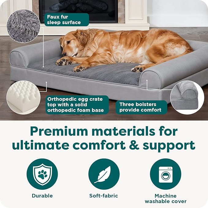 Furhaven Orthopedic Dog Bed for Large Dogs w/ Removable Bolsters & Washable Cover, For Dogs Up to 95 lbs - Faux Fur & Velvet Sofa - Dark Sage, Jumbo/XL