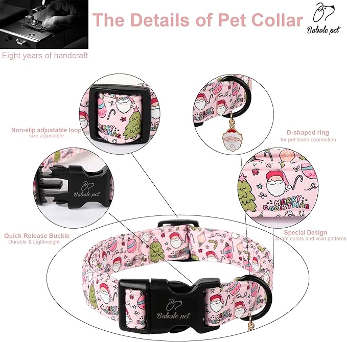 Christmas Dog Collar for Large Dogs - Cute Santa Print Pink Christmas Collars for Dogs, Soft Adjustable Winter Holiday Dog Collars with Quick Release Buckle L