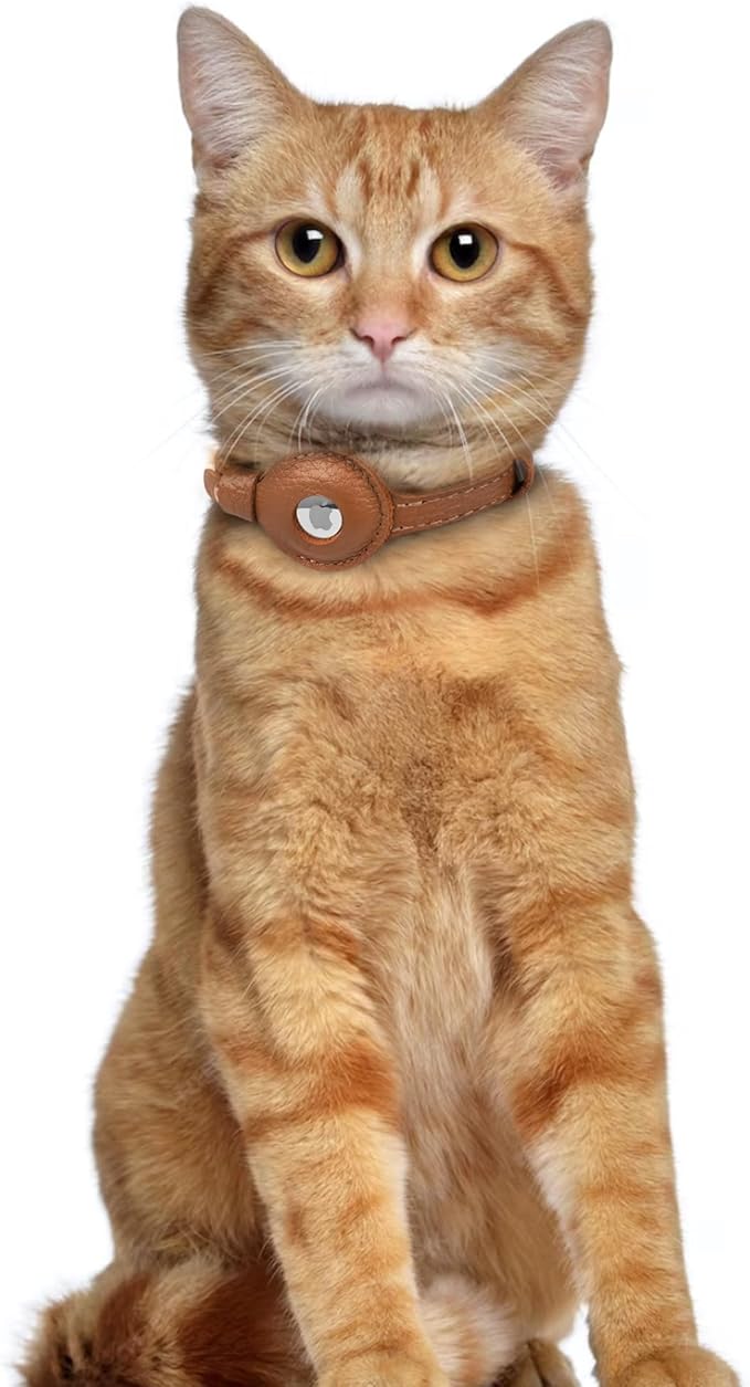 OOPSDOGGY Leather AirTag Cat Collar with Bell - Non Breakaway Kitten Collar with Apple Air Tag Holder - Lightweight GPS Pet Collars for Girl Boy Cats, Small Dogs, Puppies (Brown)