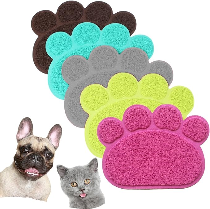 PVC Pet Dog Cat Puppy Kitten Dish Bowl Food Water Feeding Placemat, Non-Slip Cat Litter Mat Paw Shape, Green Small