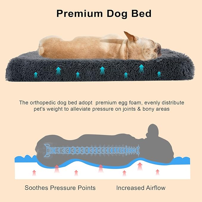 Fluffy Orthopedic Dog Beds for Medium Dogs with Washable Removable Cover Dog Crate Bed Egg Crate Foam Support Plush Pet Pad Mat with Anti-Slip Bottom (36 * 24,Dark Grey)