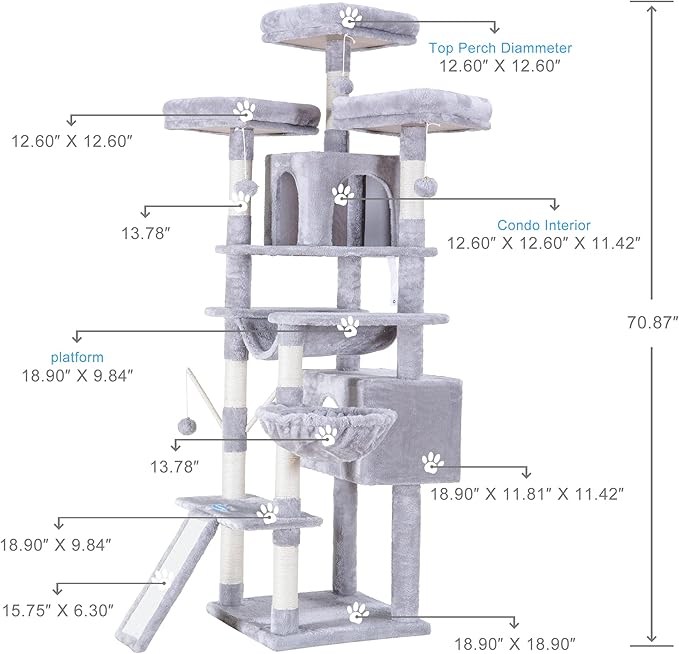 Hey-brother Cat Tree, 71 inches XL Large Cat Tower for Indoor Cats, Multi-Level Cat House with 3 Padded Perches, Big Scratcher, Cozy Basket, 2 Cat Condos and Scratching Posts, Light Gray MPJ034W
