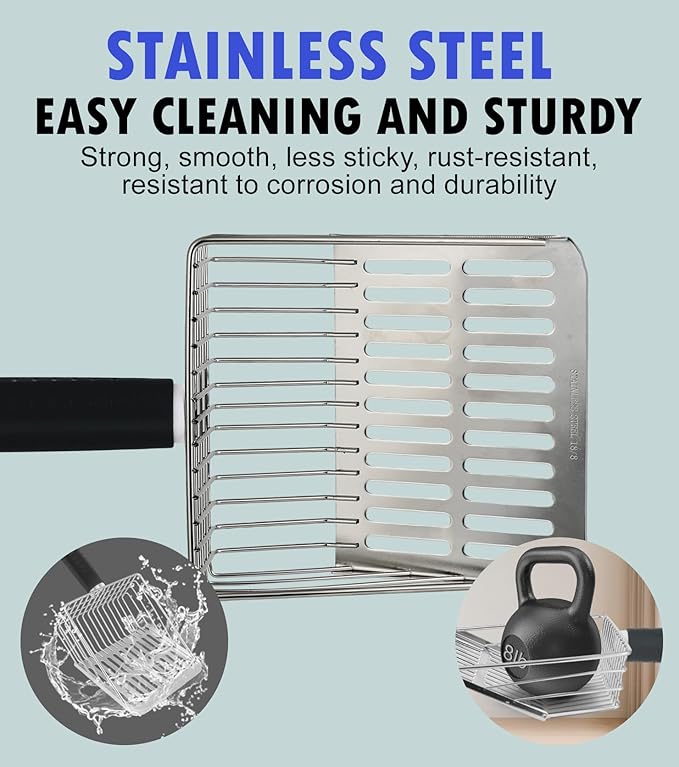 2PCS Cat Litter Scoop,Solid and Durable Kitty Metal Scooper,Stainless Steel Sifter,Heavy Duty,for Litter Box,Black Rubber Handle,Included Stainless Steel Hook