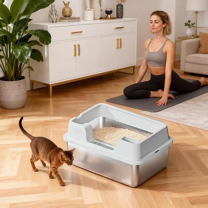 Stainless Steel Litter Box, XL Enclosed Cat Litter Boxes with Lid for Big Cats and Multi-Cats, High Sided, Anti-Urine Leakage Non-Stick Bottom Include Scoop Easy to Clean
