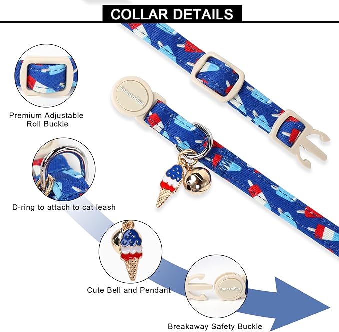Lionet Paws 2pcs Pack Summer Cat Collars,Breakaway Kitten Blue Cat Collars,Sea Shell and Popsicle Cats Collar