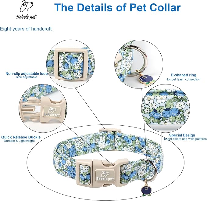 Blueberry Pattern Dog Collar, Cute Light Blue Spring Summer Puppy Collar - Soft Adjustable Designer Dog Collars for Small Medium Large Dogs S