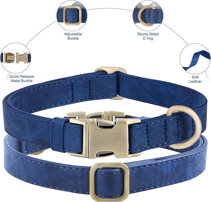 Genuine Leather Dog Collar - Adjustable Pet Collar with Quick Release Metal Buckle, Soft Skin Friendly Real Leather Collar for Small, Medium, Large Dogs (Blue, M：Fit 12-20" Neck)