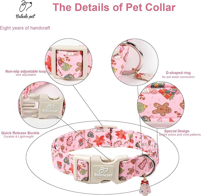 Christmas Dog Collar - Cute Pink Cozy Christmas Puppy Collar with Safety Buckle, Soft Adjustable Holiday Dog Collars for Small Medium Large Dogs L