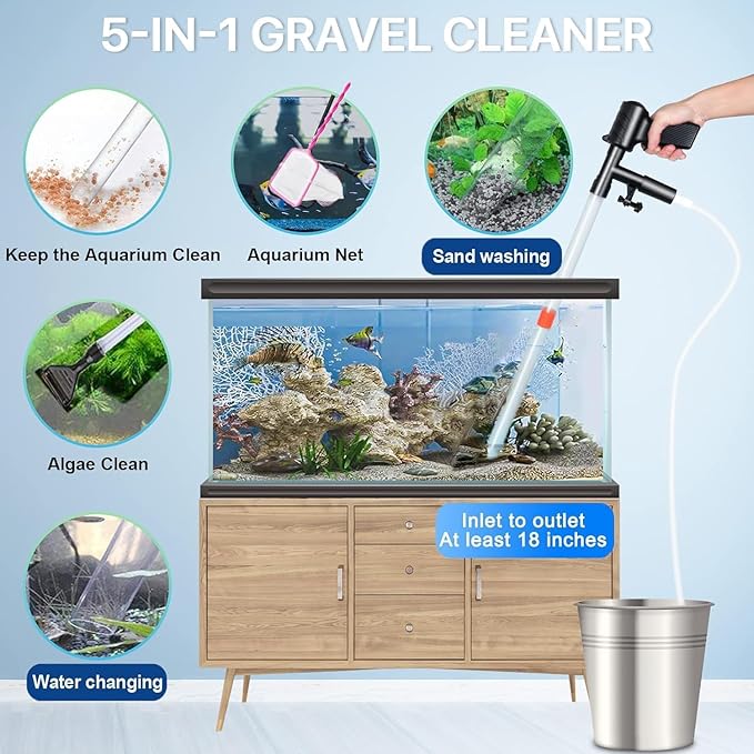 Aquarium Gravel Cleaner Siphon Fish Tank Vacuum Cleaner for Absorb Dirt Wash Sand Algae Scrapers Water Changer Gravel Washer Aquarium Thermometers Fish Net kit for Fish Tank Cleaning Gravel and Sand