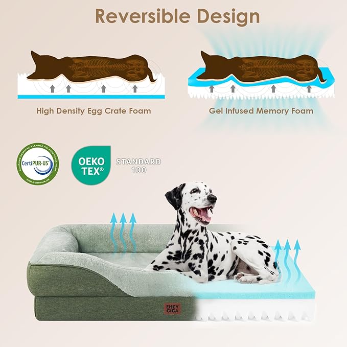 EHEYCIGA Orthopedic XL Dog Bed for Large Sized Dog, 48x35x7.5 Inch Extra Large Memory Foam Dog Couch Bed with Sides, Waterproof Liner & Washable Removable Cover, Bolster Pet Sofa, Green