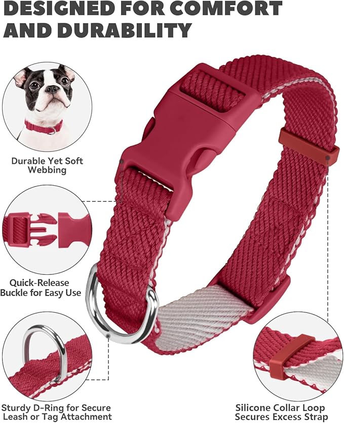 Dynmeow Soft and Breathable Cotton Dog Collar, Durable Adjustable Heavy-Duty Pet Collar with Quick-Release Buckle, Lightweight for Sensitive Skin for Large Dogs, Red, L
