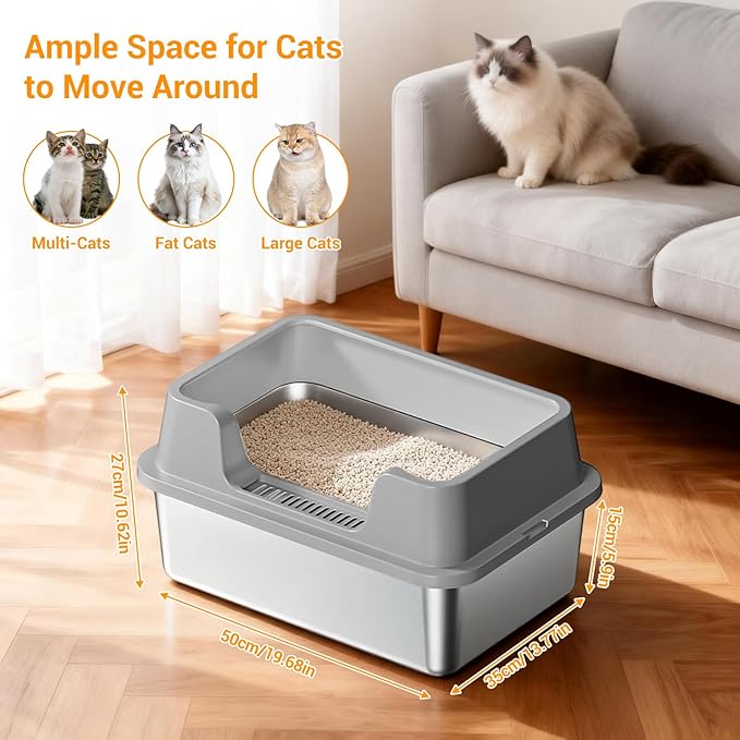 Stainless Steel Litter Box, XL Enclosed Cat Litter Boxes with Lid for Big Cats and Multi-Cats, High Sided, Anti-Urine Leakage Non-Stick Bottom Include Scoop Easy to Clean