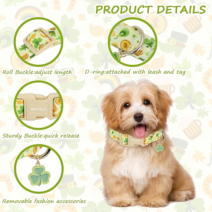 St. Patrick's Day Dog Collar,Light Green Puppy Collar with Lucky Shamrock,Adjustable Spring Cotton Collars Gifts for Small Medium Large Dogs,Dog Accessories XS