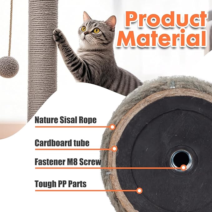 PowerKing Natural Sisal Replacement Scratching Post, 4 Pieces M8 Cat Scratch Post Refill Pole Parts for Refurbishment, White, Include Screws (Grey-15.7''+15.7''+7.87''+7.87'')