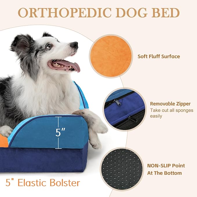 Comfort Expression Orthopedic Dog Bed for Extra Large Dogs 45x35 Inch, Waterproof Egg Crate Foam XL Pet Bed with Removable Bolsters, Dog Couch with Washable Cover & Non-Slip Bottom, Golden Harbor