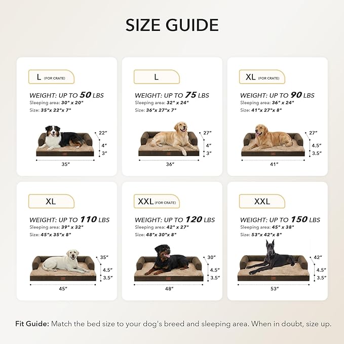 Orthopedic Dog Beds for Large Sized Dogs, Waterproof Egg Crate Foam Large Dog Couch Beds with Comfy Bolster 36x27Inch, Washable Pet Beds with Removable Cover and Nonskid Bottom, Brown