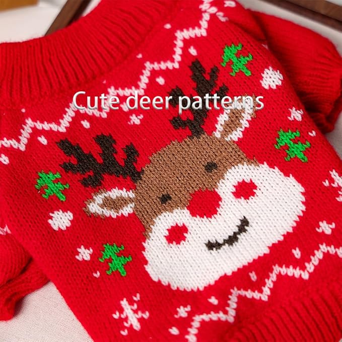 Christmas Dog Outfit Red Puppy Sweater for Small Dogs Girl Boy Elk Snowflake Cat Knitwear Reindeer Knitted Pet Clothes Santa Deer Costume for Chihuahua Yorkie Poodle (Red-2, Medium)