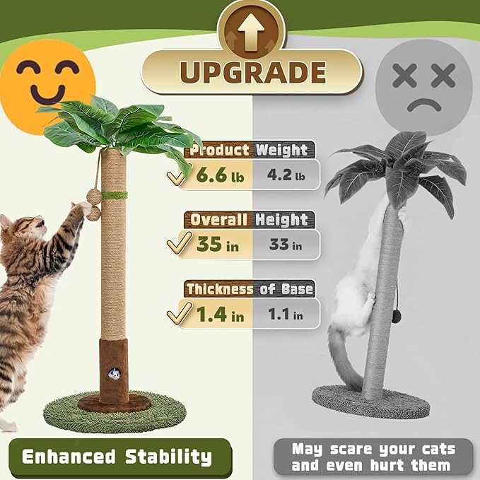 Cat Scratching Post for Indoor Cats and Kitten - 35.43" Tall Cat Scratching Post with Sisal Rope,Palm Tree Cat Scratch Post with Hanging Ball (35.4-Green, 35.4in)