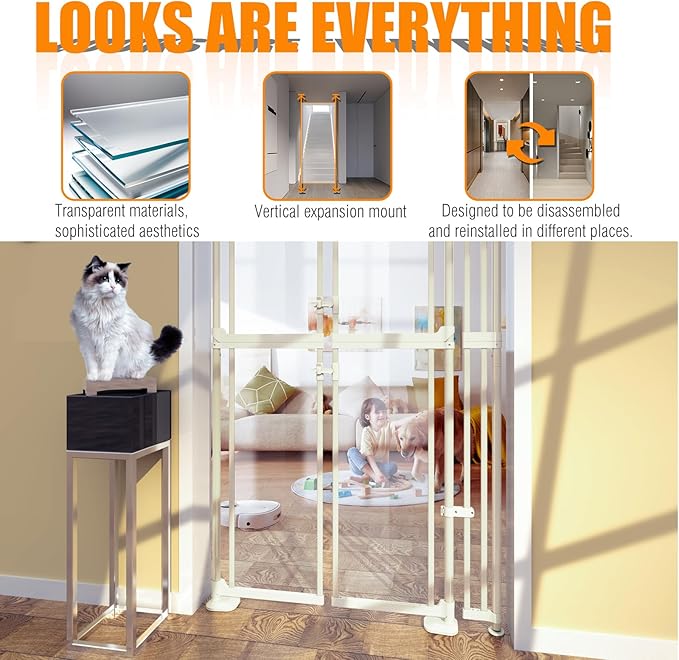 74-98" Extra Tall Cat Gate,Fits 33.85-42" Wide Opening,No Drilling Pressure Mount Design,Innovation Transparent Double Opening Pet Gate,Double Doors for Doorways/Stairs/Kitchen/Home, White