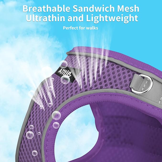 AIITLE Small Harness for Puppy with A Leash - Dog Vest Harness with Super Breathable Mesh, Reflective No-Pull Pet Harness for Outdoor Walking, Running for Small Dogs, Cats Pure Purple XXS