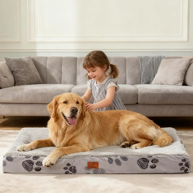 Waterproof Orthopedic Dog Bed for Large Medium Sized Dogs 35x22 Inch - Egg Crate Foam Pet Crate Bed with Removable Washable Cover, Plush Top Anti-Slip Bed Mat, Beige