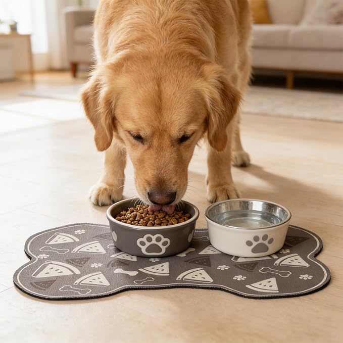 Dog Food Mat, 0.15” Thickened Super Absorbent Pet Feeding Mat for Food and Water, Fruit Donut Pattern Cat Placemat, Quick Dry Non-Slip Dog Bowl Mat, Water Splash Proof（Small Donut Blue）