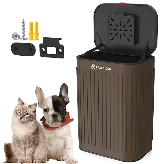 PAWZIDEA Wall Mount Dog Poop Trash Can Outside, 2.1 Gallon Small Dog Waste Bin with Lid, Activated Carbon Odor Control, Waterproof Metal Pet Waste Disposal Container, Fence Hang Poop Proof Garbage Can