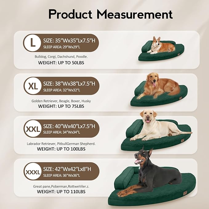 Large Orthopedic Dog Bed with Sides Big Dog Beds with Removable Washable Cover Non-Slip Waterproof Pet Bed for Medium Large Dogs - Dark Green L