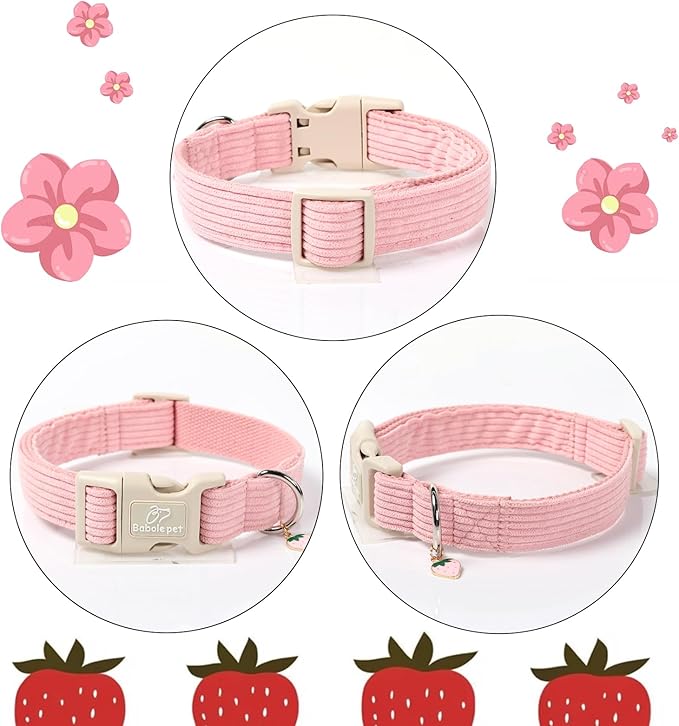 Cute Corduroy Dog Collar - Pink Adjustable Dog Collars for Small Dogs 10-25lbs, Fade-Proof with Secure Snap & Little Charm, Christmas Birthday Gift, S
