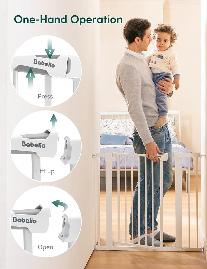 Babelio 36" Tall Baby Gate, PressGuard P7, 29-48" Auto Close Pressure Mounted Dog Gate for Stairs, Doorways & Hallway, Protector Basics Easy Walk Thru Pet Gate, White