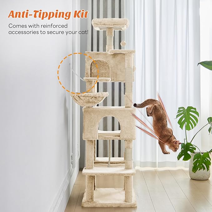 Sweetcrispy 66 inch Cat Tree Tower, Large Multi Level Cat Climbing Tower with Condo, Natural Sisal Scratching Posts, Extended Platform, Hammock, Pet House for Indoor Cats and Kittens Play, Beige