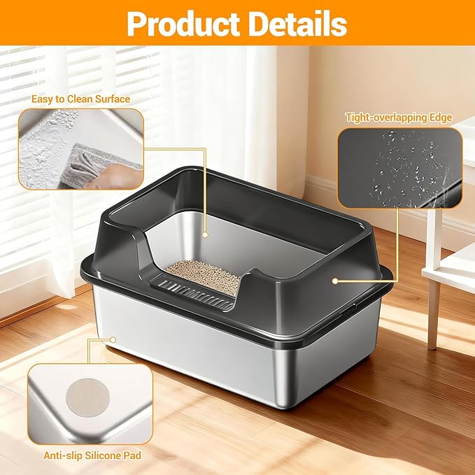 Stainless Steel Litter Box, XL Enclosed Cat Litter Boxes with Lid for Big Cats and Multi-Cats, High Sided, Anti-Urine Leakage Non-Stick Bottom Include Scoop Easy to Clean