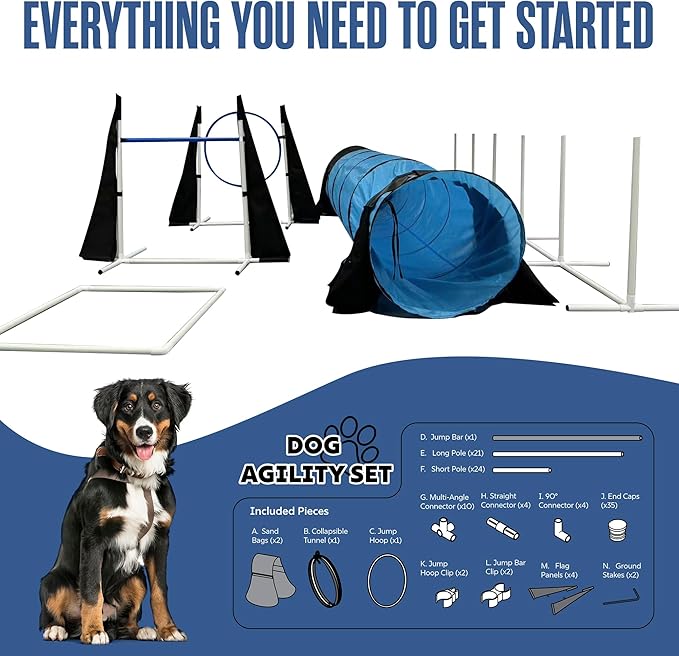 Houseables Dog Agility Course Backyard Set, Dog Agility Equipment, Obstacle Course Backyard, Training and Exercise Equipment, Play Tunnel, Weave Poles, Jumps, Pause Box for Playground, Park, Indoor