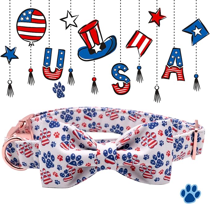 Lionheart American Flag Dog Collar with Bow - Adjustable for Medium Dogs