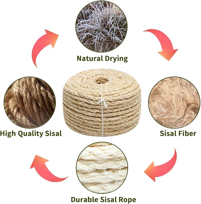 Natural Sisal Rope 1/4 Inch by 49-Feet for Cat Scratching Post Tree Tower Replacement Repair and Replace, DIY Hemp Twine Rope for Kittens Shelves Furniture Window Bed Perch Climbing, 6mm by 15m