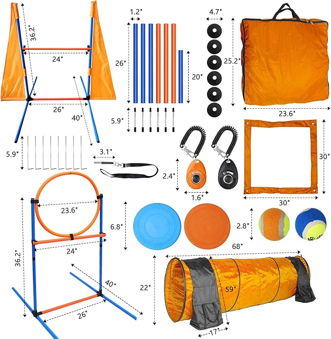 Premium Dog Agility Training Set Outdoor Indoor Game, Tire Jump + Hurdle Jump, Tunnel, Weave Poles, Pause, 2 Toy Balls, 2 Discs, 1 Whistle, 1 Bag, 2 Training Clicker Backyard Dog Obstacle Course Kit