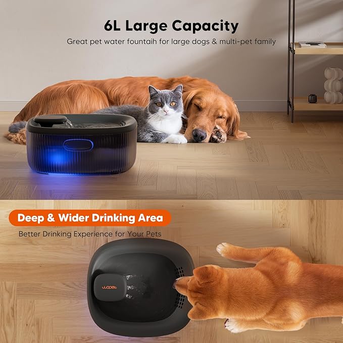 WOPET Dog Water Fountain for Large Dogs, 6L/205oz/1.7Gal Automatic Dog and Cat Water Fountain,Dog Water Dispenser with 6 Filters,Ultra-Quiet Pump,Great for Large Dogs Cats and Multi-Pet Home